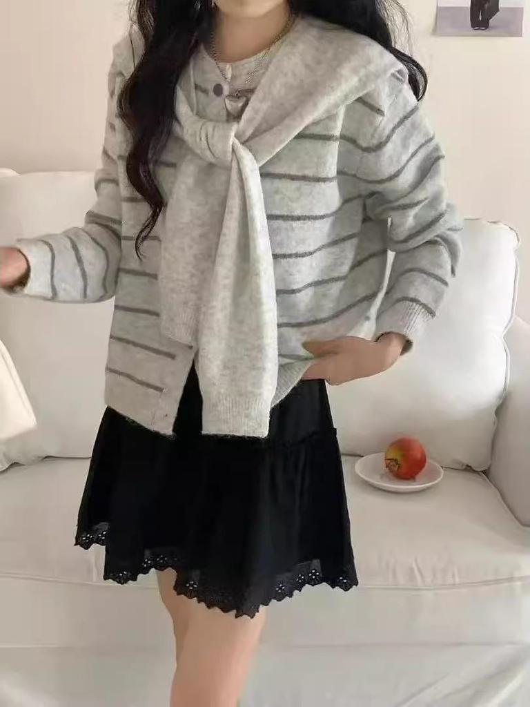 Women's Striped Knit Cardigan: Korean Design, Loose Fit, Versatile for Spring & Autumn
