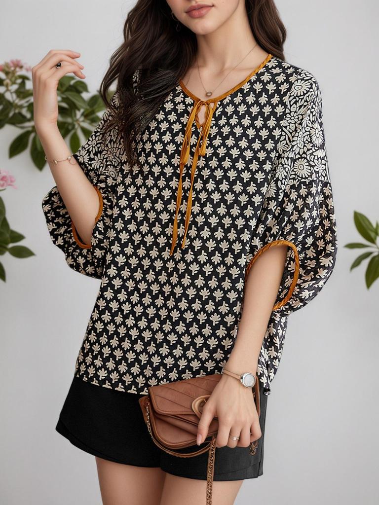 Retro Print Lace-Up Mid-Sleeve Chiffon Shirt - Women's European & American Style 2026