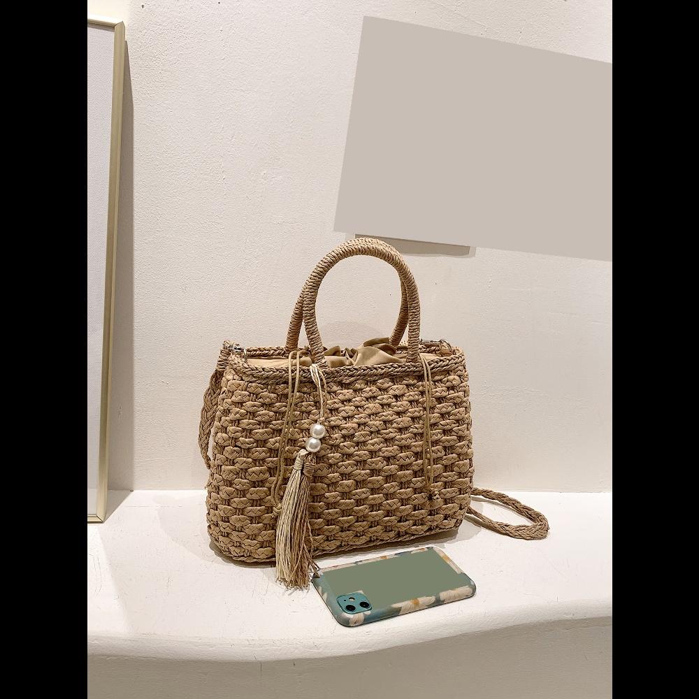 Vacation Casual Woven Fringe Drawstring Tote Bag, Fashion Summer Vacation Bag, Beach Essentials Women Bags For Vacation & Holiday