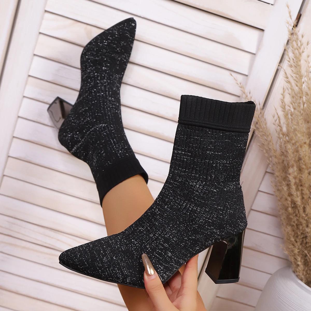 

Новые женские модные ботильоны на массивном каблуке, слипоны, обувь больших размеров, остроносые однотонные туфли, эластичные вязаные носки-ботинки для женщин 36