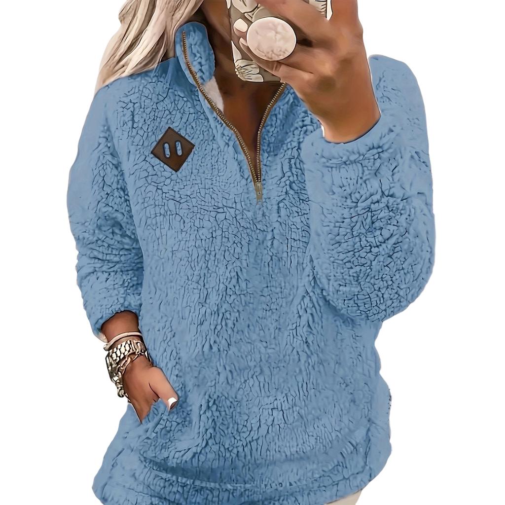 Ladies' Fashionable And Comfortable Half Zipper Solid Color Long Sleeved Casual Top
