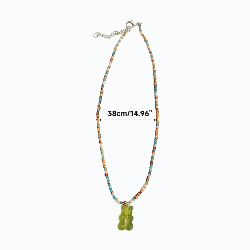 Korean Multicolored Bear Pendant Necklace Bohemia Love-heart Ornament Collar Chain Rice Beaded Choker Chain for Girls