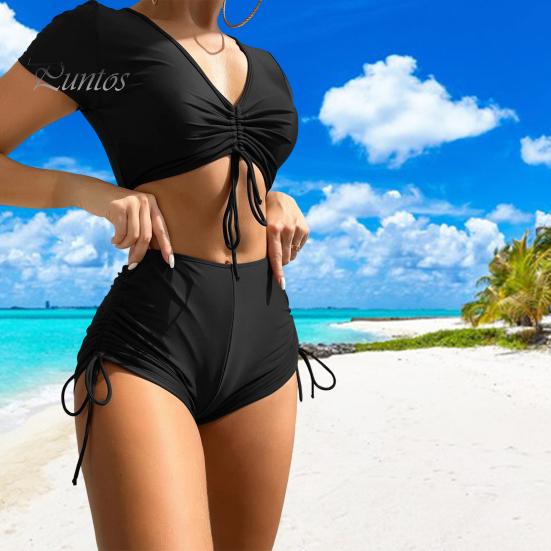 Sexy Bikini 2Pcs/Set Women Summer Set V-Neck Short Sleeve Tops High Bow Tie Swimsuit Waist Drawstring Swimming Trunks Solid Color Quick Drying
