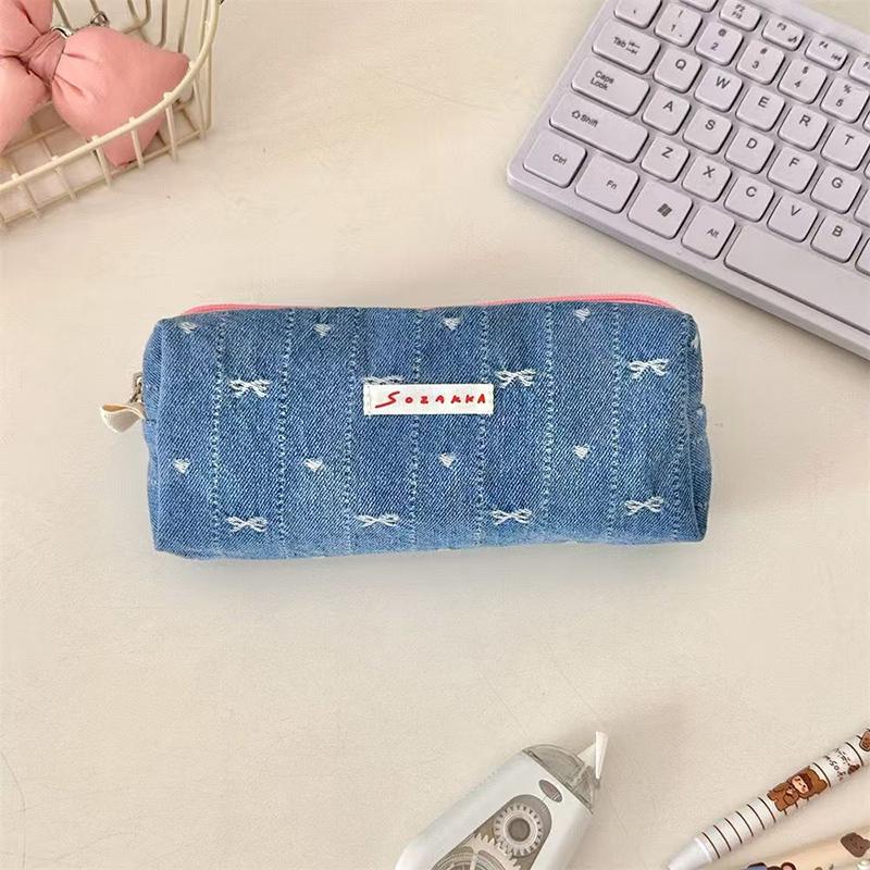 Ins Style Denim Pencil Case Cute Multi Functional Large Capacity Stationery Organizer Storage Bag Student Pen Bag Makeup Bag