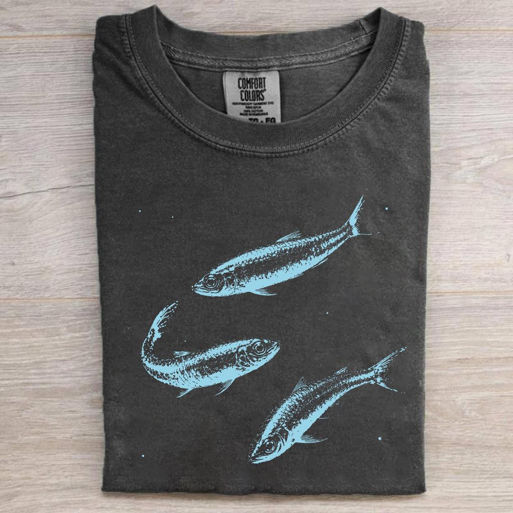 Vintage Sardine T-Shirt, Retro Fish Graphic Tee, Light Blue Mackerel Top