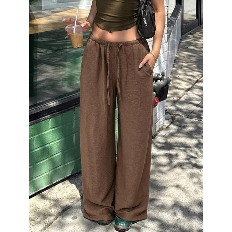 Women Elastic Drawstring High Waist Wide Leg Pants With Pockets Loose Fit Lightweight Casual Trousers For Summer