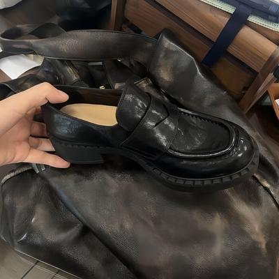 Cowhide Version Retro Platform Leather Loafers Women's British Wind Washing Old Thick Heel One Pedal Lazy Small Leather Shoes