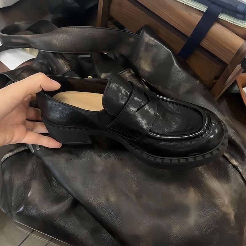Cowhide version retro platform leather loafers women's British wind washing old thick heel one pedal lazy small leather shoes