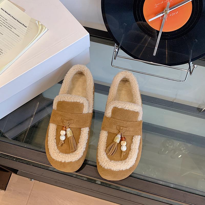 Doudou Shoes Winter Velvet 2025 Autumn New Soft Sole One Pedal Comfortable Retro Snow Cotton Warm Loafers Women