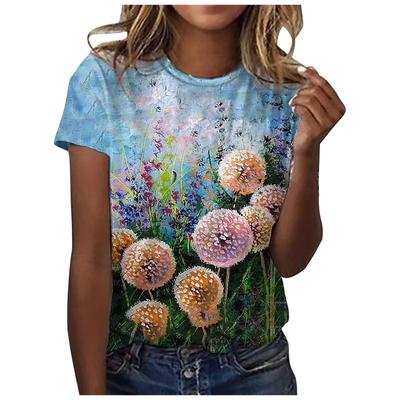 Popular 3D Artistic Retro Feng Shui Colorful Flower Field Short Sleeved Round Neck Loose Short Sleeved Top for Women