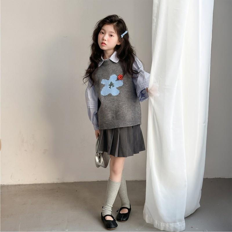 Girls 2-Piece Set Long Sleeve Shirt Vest School Style Kids Fall Outfits 120-170cm