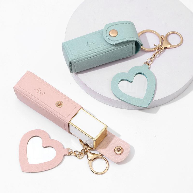 Solid Color Portable Lipstick Bags Wallet Keychain Mini Storage Bag For Women Lipsticks Protective Cover With Mini Makeup Mirror