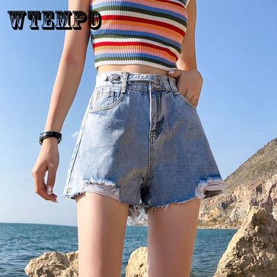 Summer Denim Shorts Women's High Waist Loose Students All-match Slim Thin Hole Wide Leg Fashion