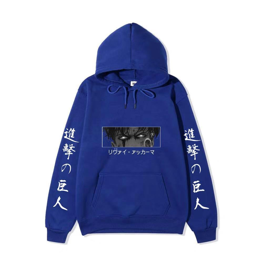 Anime Attack On Titan Levi Ackerman Hoodie, Double Sleeve Japanese Text Print Pullover Sweatshirt Long Sleeve Streetwear for Men Women