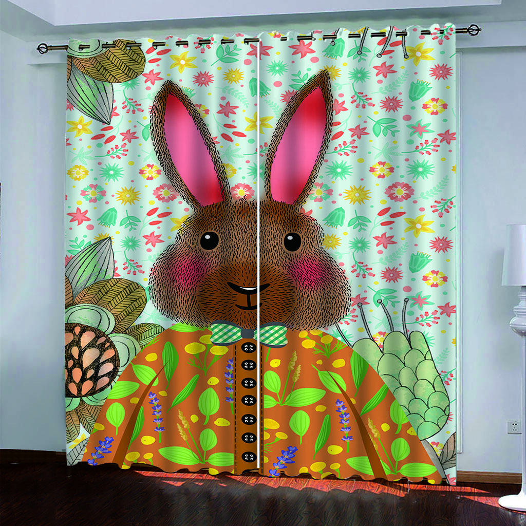 

Блэкаут шторы 100% Шторы для детской комнаты 3D Шторы для гостиной Животное Милый кролик, Комплект штор для мальчиков Современный 2 штуки W70xH160cmx2&Grommet Top