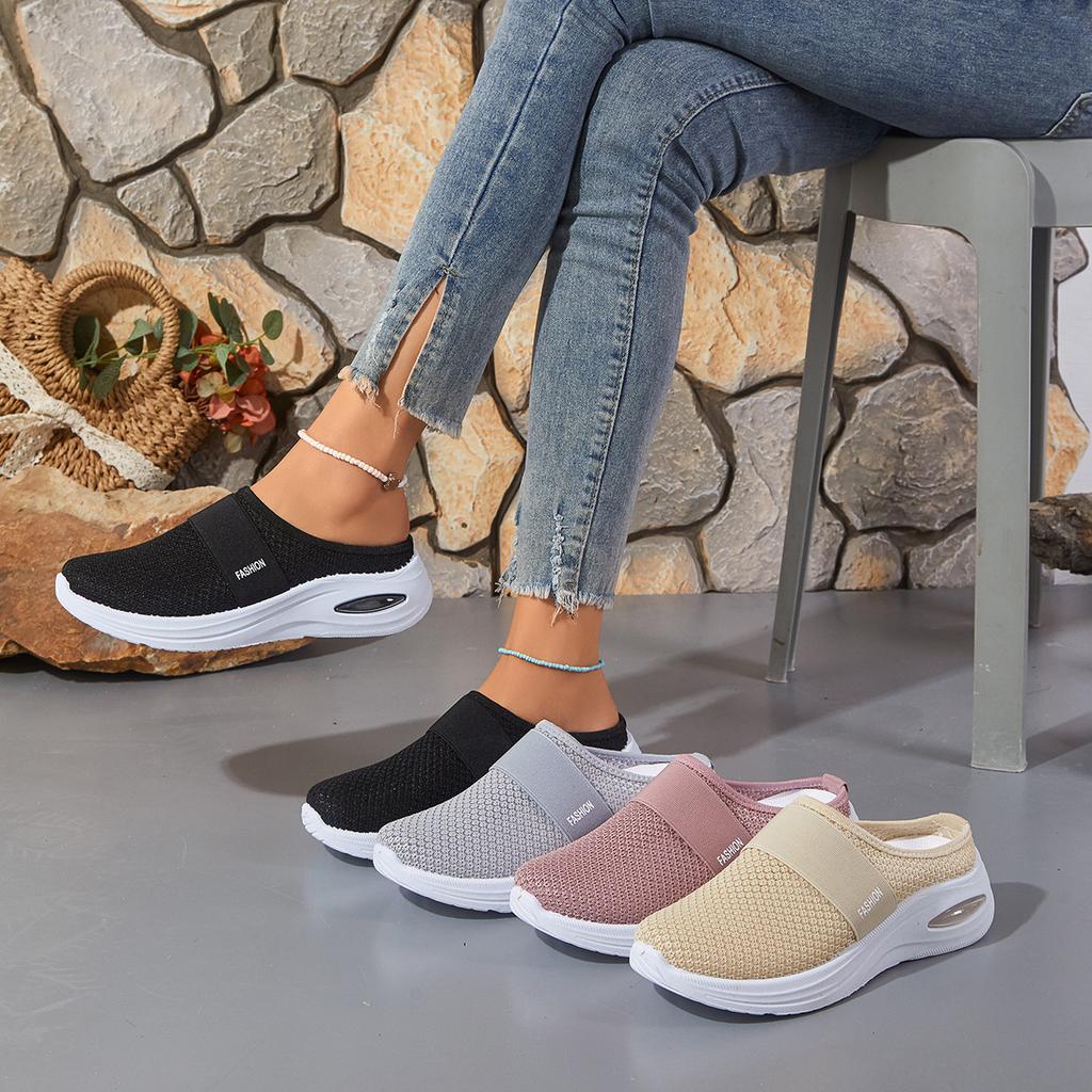 2026 Spring New Mesh Women's Shoes Breathable Fly-woven Single Shoes Half-drag Casual Shoes Flat Heel One-pedal Comfortable Women's Shoes