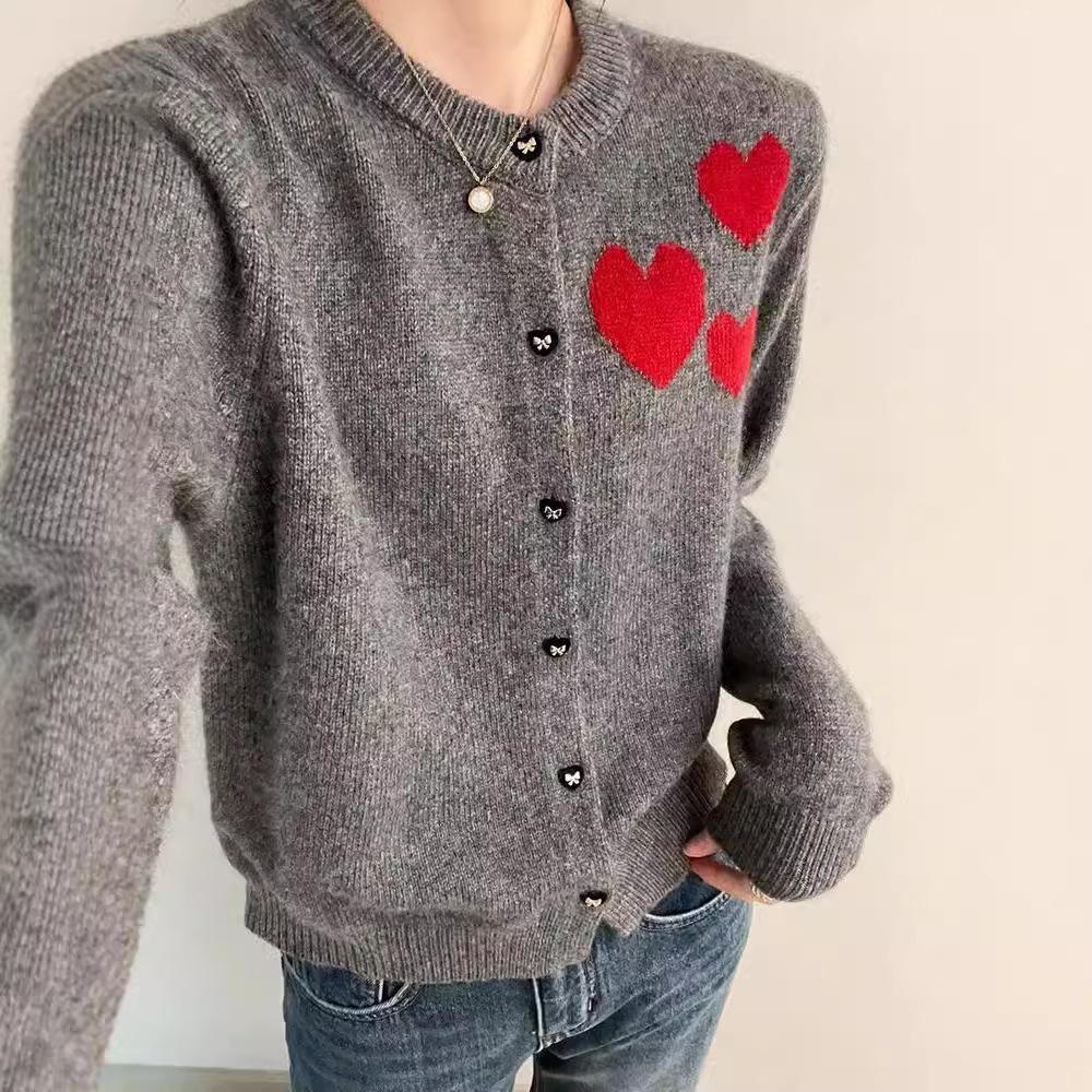 "2024 Spring/Autumn Women's Korean Loose Knit Cardigan, Love Embroidery, Round Neck, Button-Up, Cozy Style"