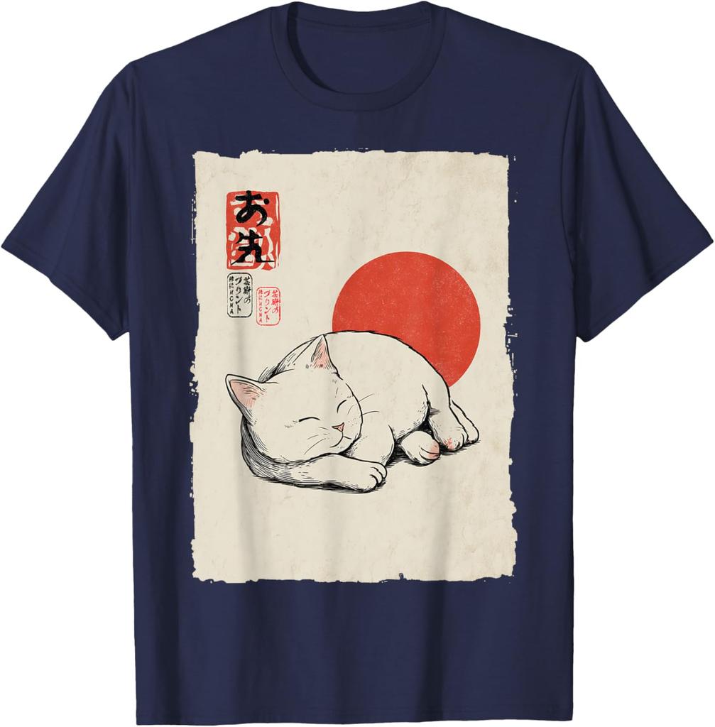 Gatto Bianco Dormiente Arte Giapponese Stile Ukiyo E Maglietta Grafica Casual in Cotone