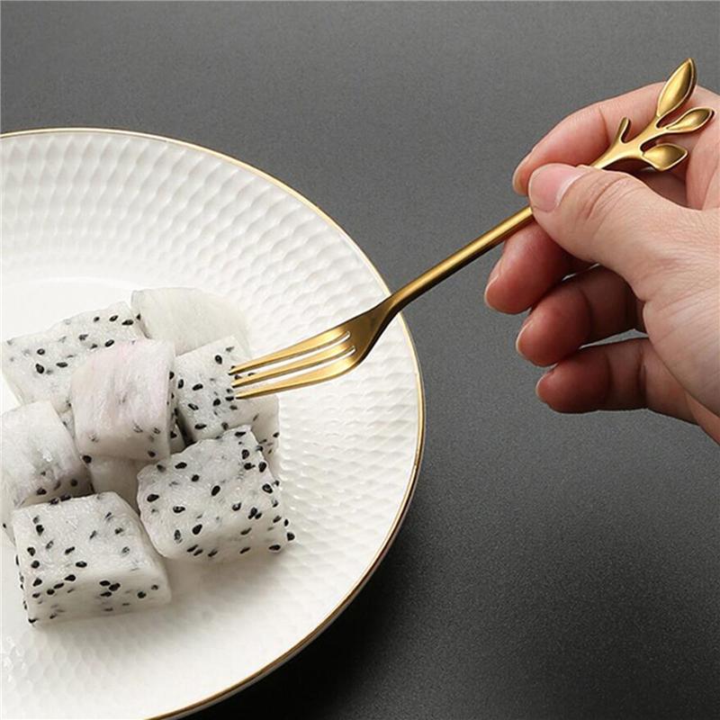 100Pcs Stainless Steel Flatware Fruit Fork Dinnerware Appetizer Snack Dessert Fork Kitchen Tableware Leaf Shape