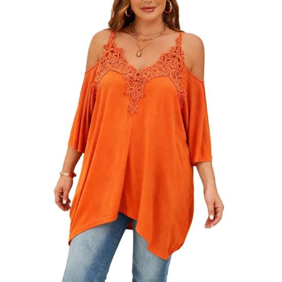 

Women Blouse V-Neck 3/4 Sleeves Off Shoulder Straps Pullover Tops Asymmetric Lace Splicing Pure Color Mid-length Summer Tops L помаранчевий