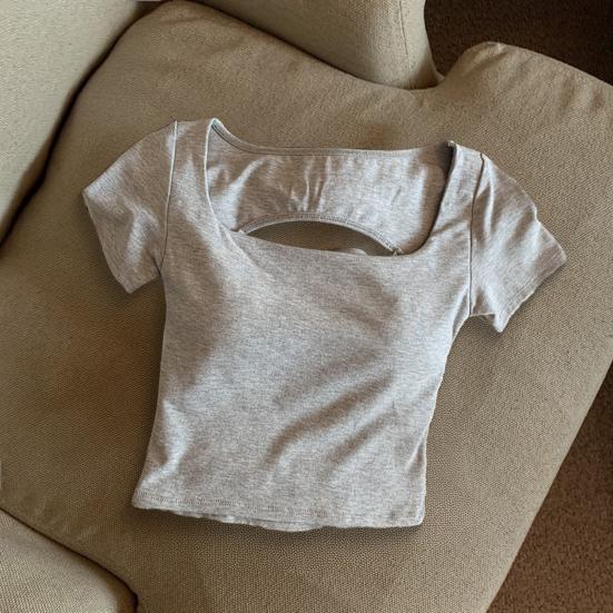 Camiseta de Mujer Cuello Cuadrado Manga Corta Espalda Hueca Camiseta Color Sólido Ajuste Slim Tops Cortos Uso Diario