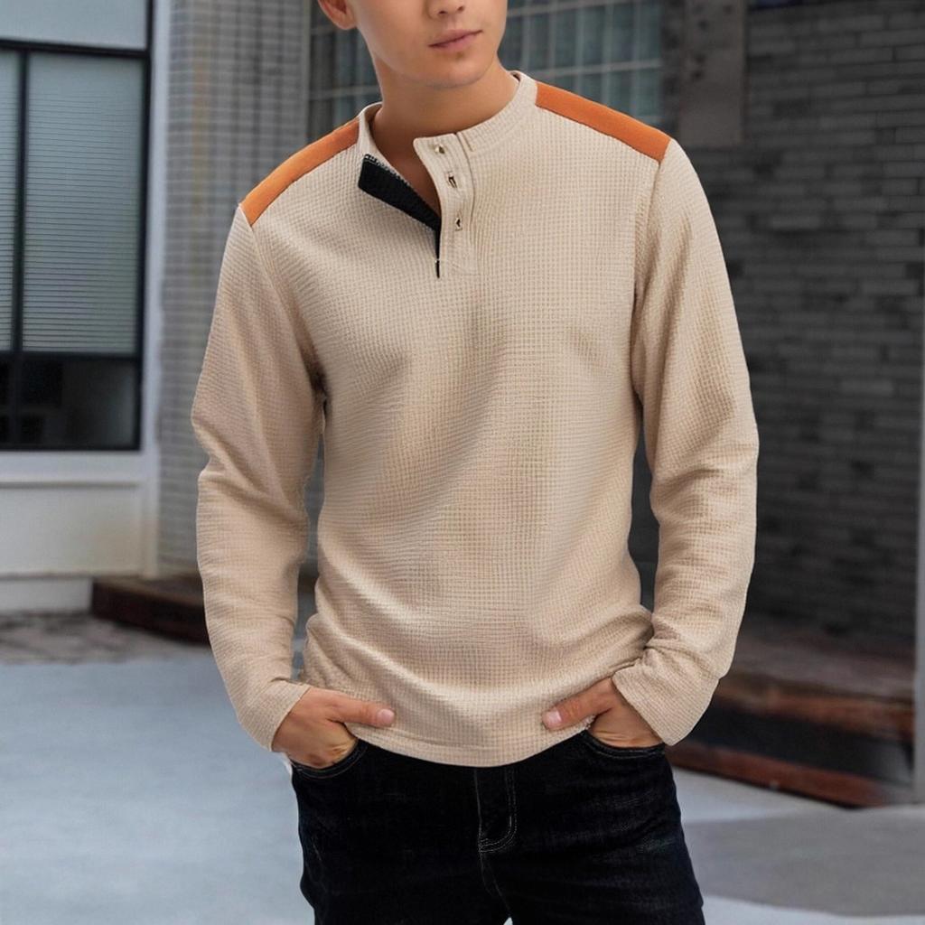 New Men's Men's Waffle Casual Versatile Two-color High Collar Button Long Sleeve Henley