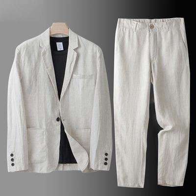 Moda Primavera Autunno Uomo Lino Set Due Pezzi Giacca Blazer + Pantaloni Monocolore Vestibilità Slim Casual Business Abbigliamento Sottile Traspirante Completo
