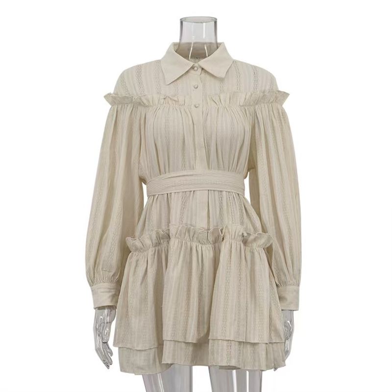 

Fashion Style Fashion Polo Collar Dress Ruffles Lace-up Ruched A- line Skirt Pleated Lace up Dress Apricot M