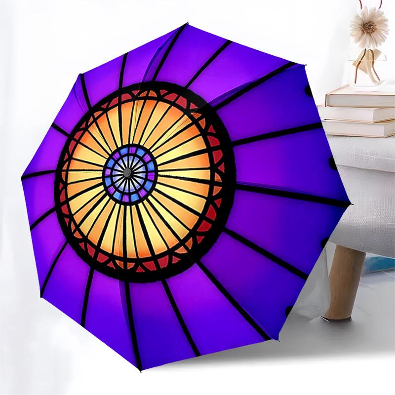 

1pc Stained Glass Design Automatic Open/Closed Umbrella with 3-Fold Design, 8-Bone Iron Frame, Outdoor, Suitable for Fans, Travelers, Daily Use, Ideal