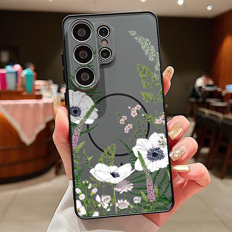 

Чехол INS с рисунком белых цветов и растений для Samsung Galaxy S26 Ultra S25 Edge S24 Plus S23 FE S22 A54 A55 A56 5G, магнитный, для MagSafe, матовый чехол. Samsung S24 чёрный
