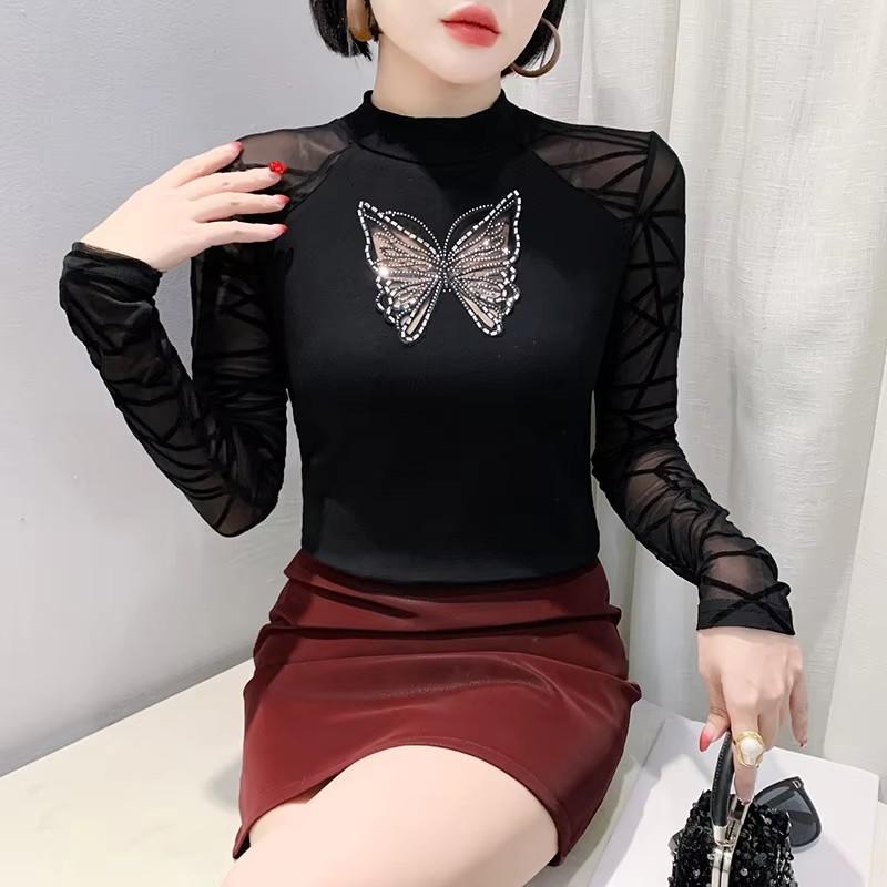 Spring Autumn Classic Butterfly Hot Diamonds T-Shirt Sexy Women Cotton Tees Fashion Streetwear Girl Tops Shirts