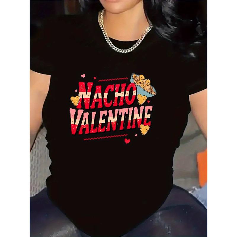 Women Nacho Valentine Graphic T-Shirt Polyester Nachos Hearts Print Soft Lightweight Mexican Food Lover Valentine s Day Casual Restaurant Tee S