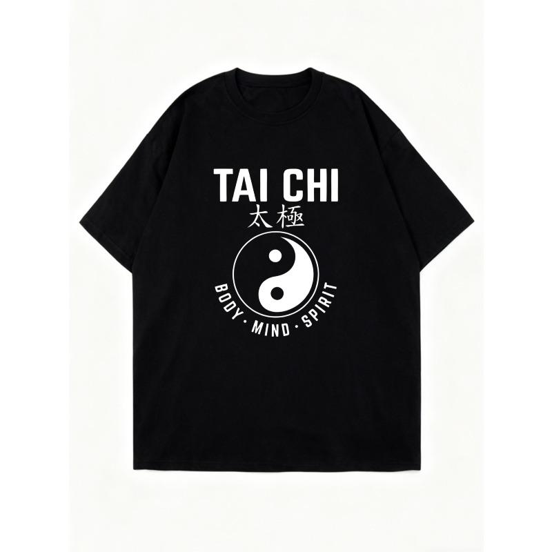 Tai Chi Oversized T Shirt Black Yin Yang Symbol And Text Body Mind Spirit Print Casual Wear For Yoga Meditation And Wellness Activities