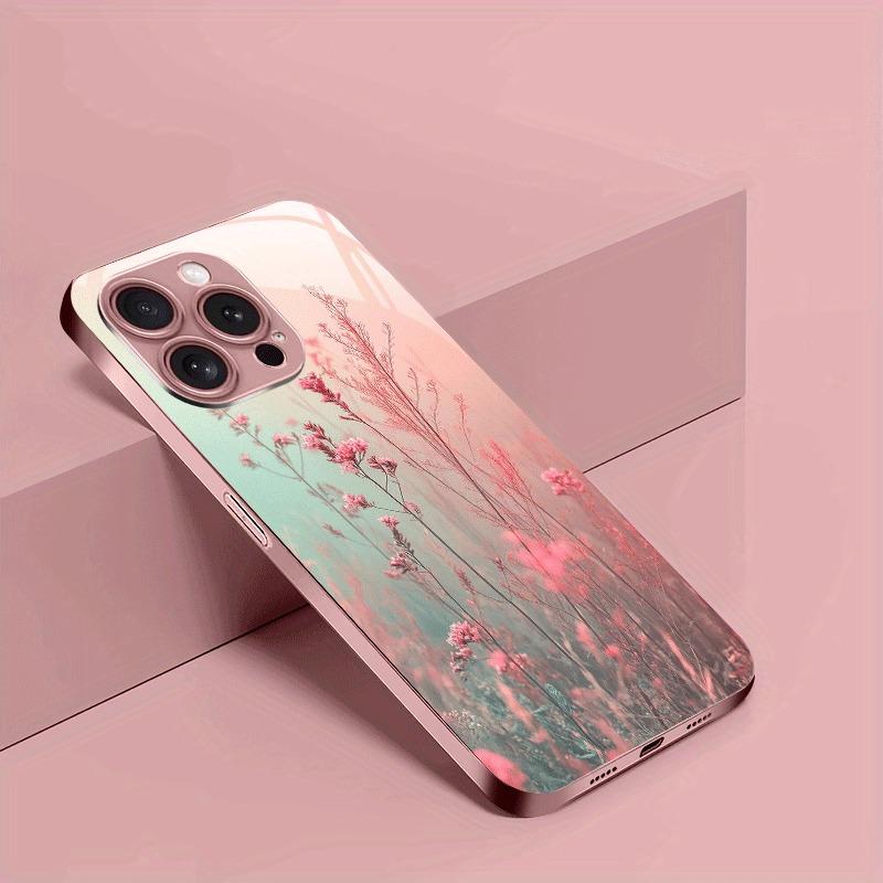 Elegantes Rosa Blumenmuster Rosa Metallic Lack Glas Handyhülle Für iPhone 17 16 15 14 13 12 11 Pro Max Plus 16E 17Air Hülle