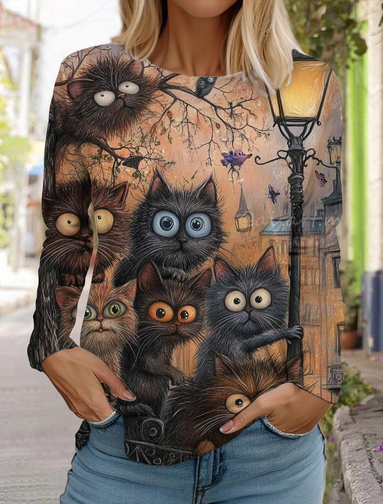 Felpa da Donna Designer Girocollo Manica Lunga Moda Casual Carina Gatto Animale Stampa Modello Top
