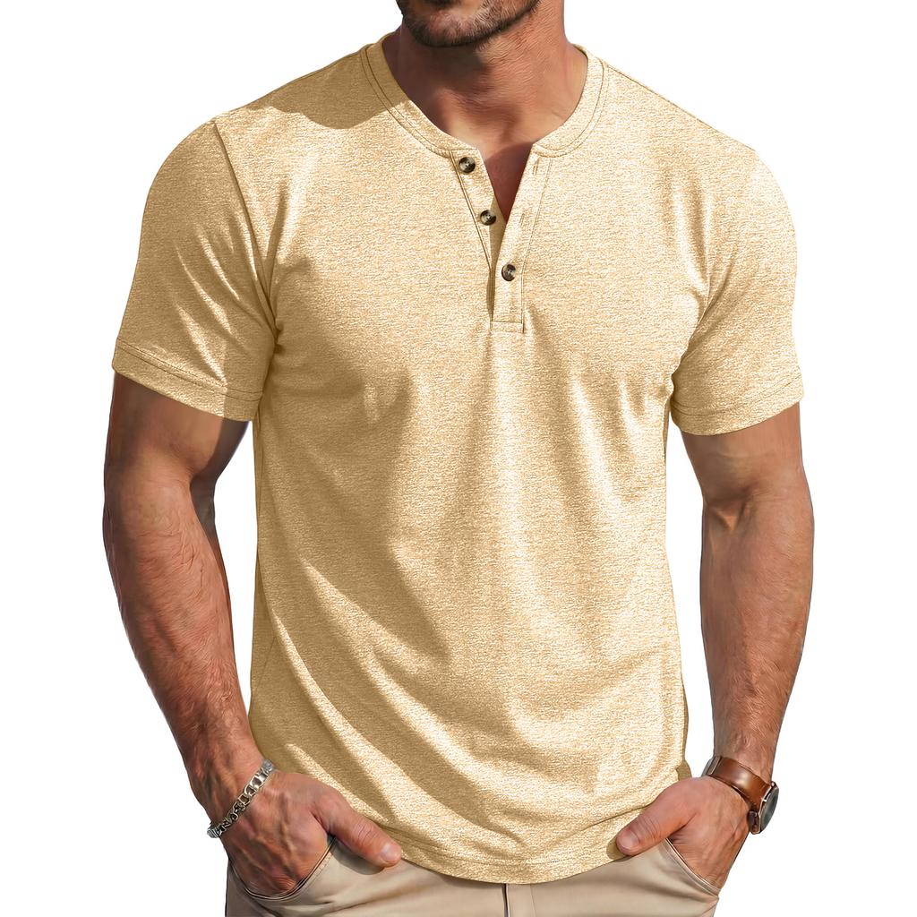 Men's Summer Casual Slim Fit Muscle Texture Henley Short Sleeve T Shirt Lightweight Breathable Vintage Style Tee