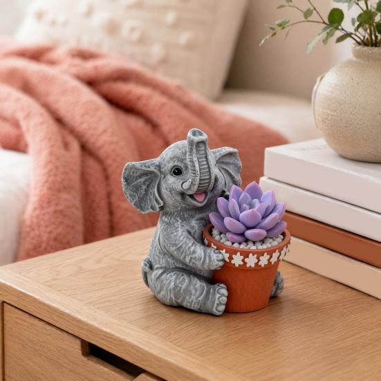 Cute Elephant Planter, Small Animal Flower Pot, Weatherproof Indoor Outdoor Cactus Air Plant Holder for Home Office Desktop Decor