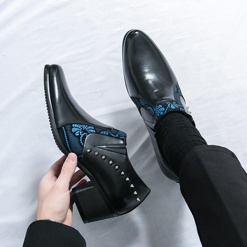 Large size business dress high-heeled leather shoes 2025 spring and autumn new men's thick heel heightened leather shoes pointed leather shoes