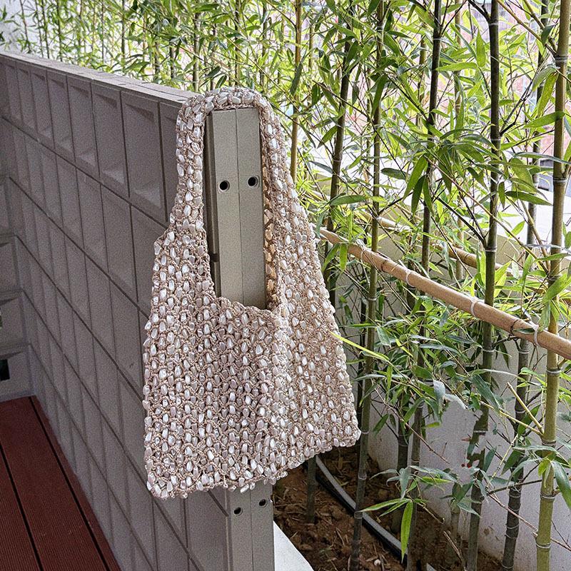 Handmade Stone Crochet Shoulder Bag Luxury Hollow Woven Handbags and Purses Rope Knitting Shopper Tote Designer Bags for Women