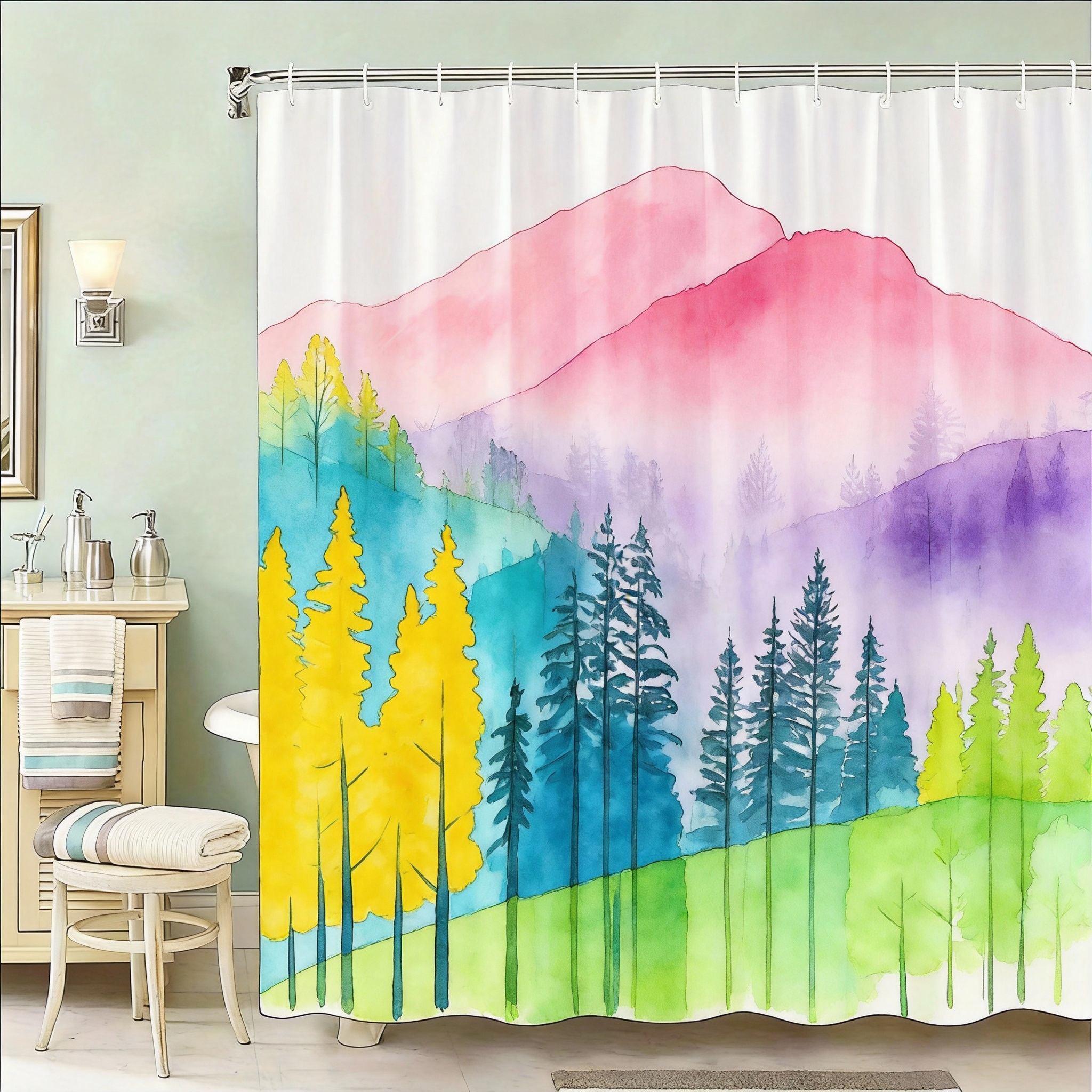 Mountain Forest Shower Curtain 180x180cm – Ethereal Misty Pines & Snow Caps, Minimalist Nature Bathroom Decor, 12 Hooks 90X180cm(35x70in)