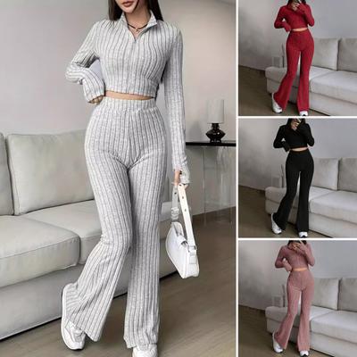 2 Pcs/Set Women Spring Commuting Outfit Top Flared Pants Set Zipper Closure Thread Stand Collar Coat High Waist Sport Tracksuit Elastic Daily Clothes