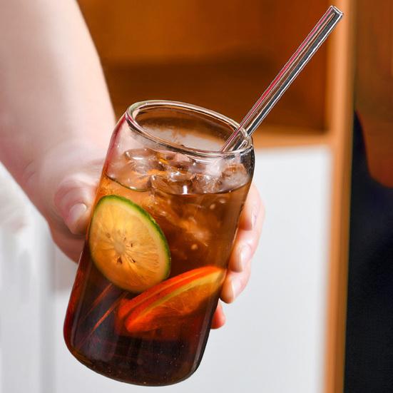 1 Set 500ml Glass Cup with Straw Wooden Lid Silicone Sealing Ring High Temperature Resistant Can Shaped Drinking Glass Clear Cocktail Whiskey Tumbler