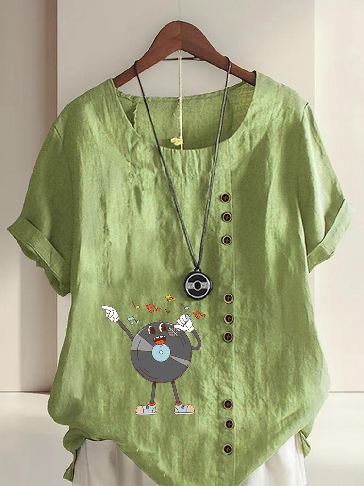 

Women s Fashion Human Shaped Music Pattern Print Shot Sleeve T-shirt Loose Cotton Shirt Casual Loose Summer Blouse Tops Plus Size 5XL зелений