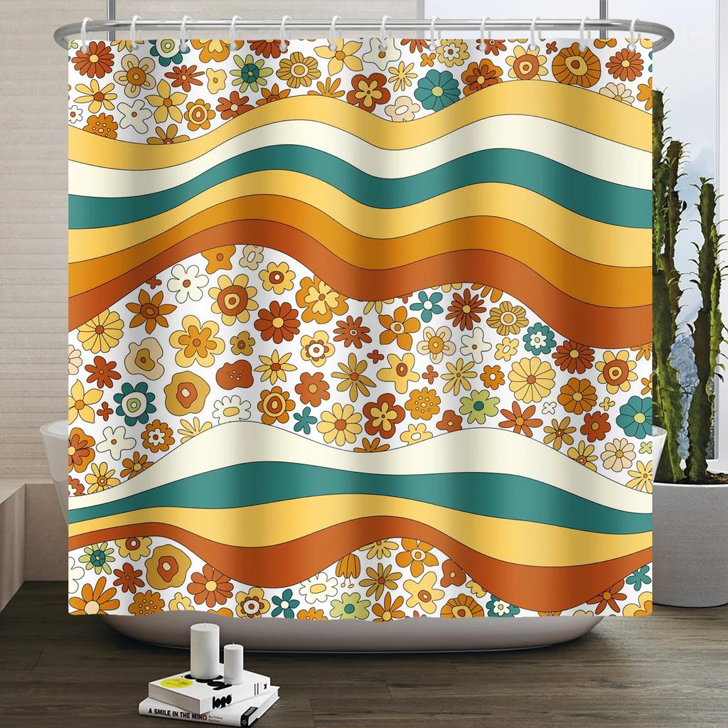 70s Retro Rainbow Shower Curtain Hippy Funky Cartoon Mushroom Floral Bathroom Curtain Polyester Waterproof Fabric Bathtub Screen