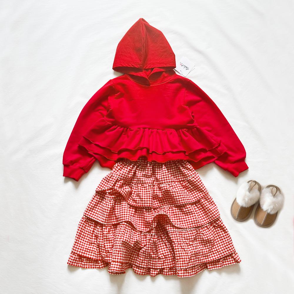 ANKRT Herbst-Winter Eltern-Kind Japanisch-Koreanischer Stil Mädchen Weihnachten Spitze Rot Kariert Kleid