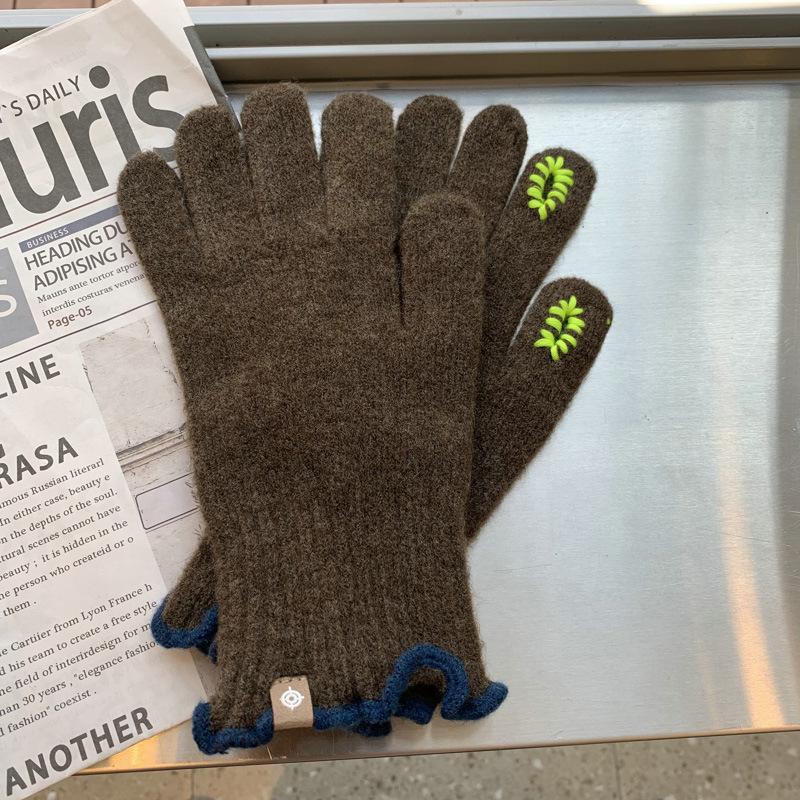 Fashionable Five-finger Glutinous Autumn and Winter Touch Screen Reveals Two Finger Warm Soft Women's Cute Wool Wool