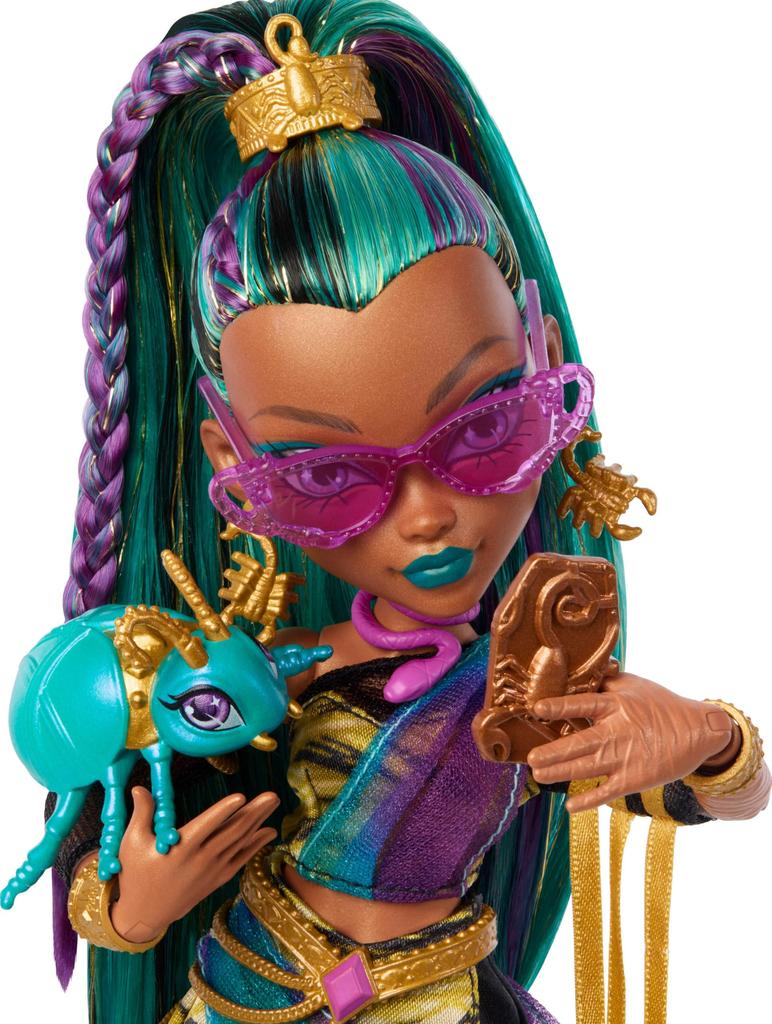 Includes Monster High Nefera De Nile Doll In a Royal Mummy Dress and Pet Scarab Plush Plush and 7 Accessories Including a and Purse, Laptop,