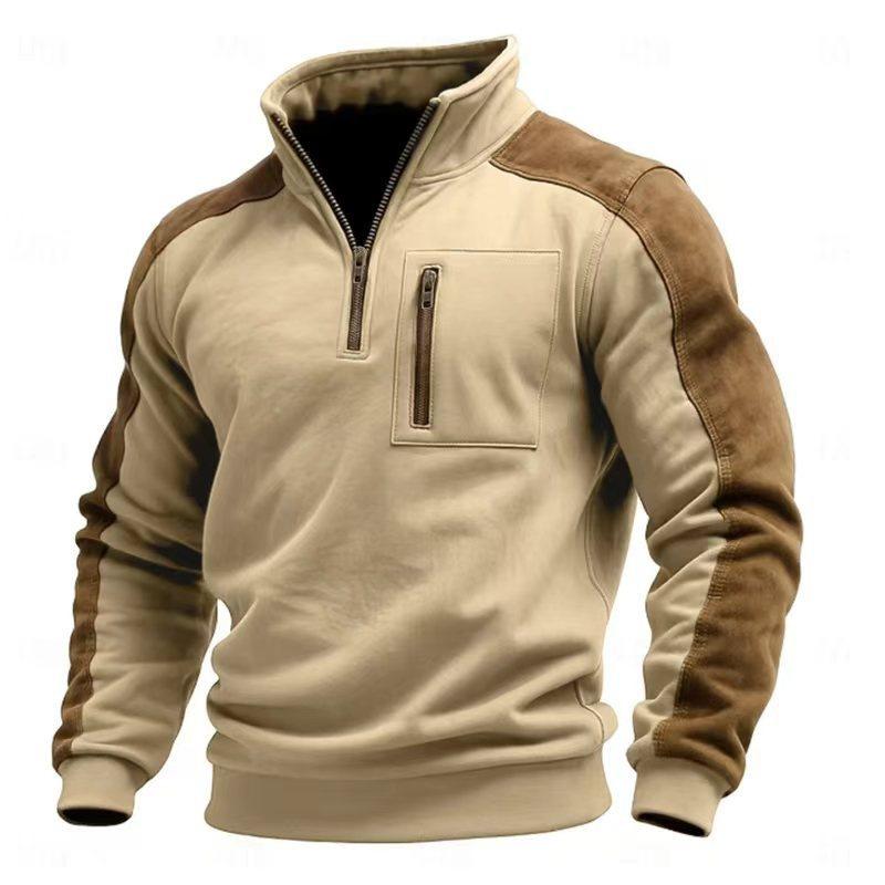 Men's Stand-up Collar Pullover Zipper Sweatshirt with Color-blocking and Fashionable, Casual and Warm Men's Sweatshirt