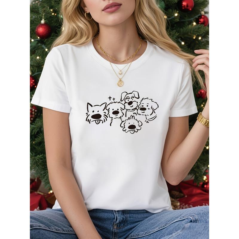Plus Size Women Cute Dog Print White Short Sleeve Round Neck Casual Daily Tee S белый