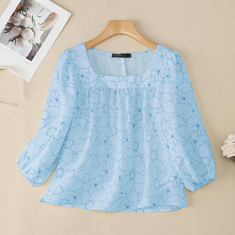 

ZANZEA Женская блузка с квадратным вырезом, свободная, повседневная, с рукавом 3/4 и принтом L синий